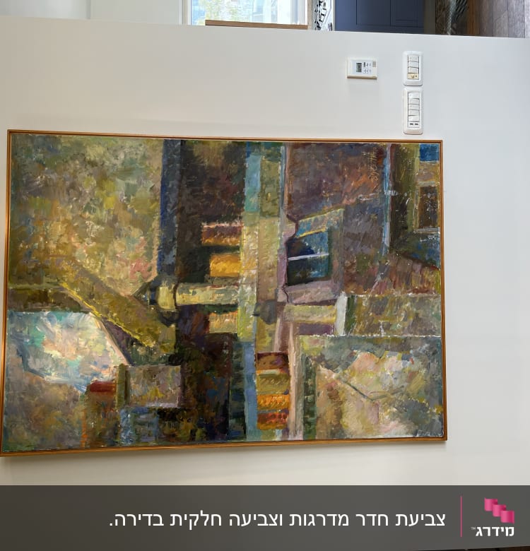 ציור מופשט עם צבעים עזים ומגוונים במסגרת עץ